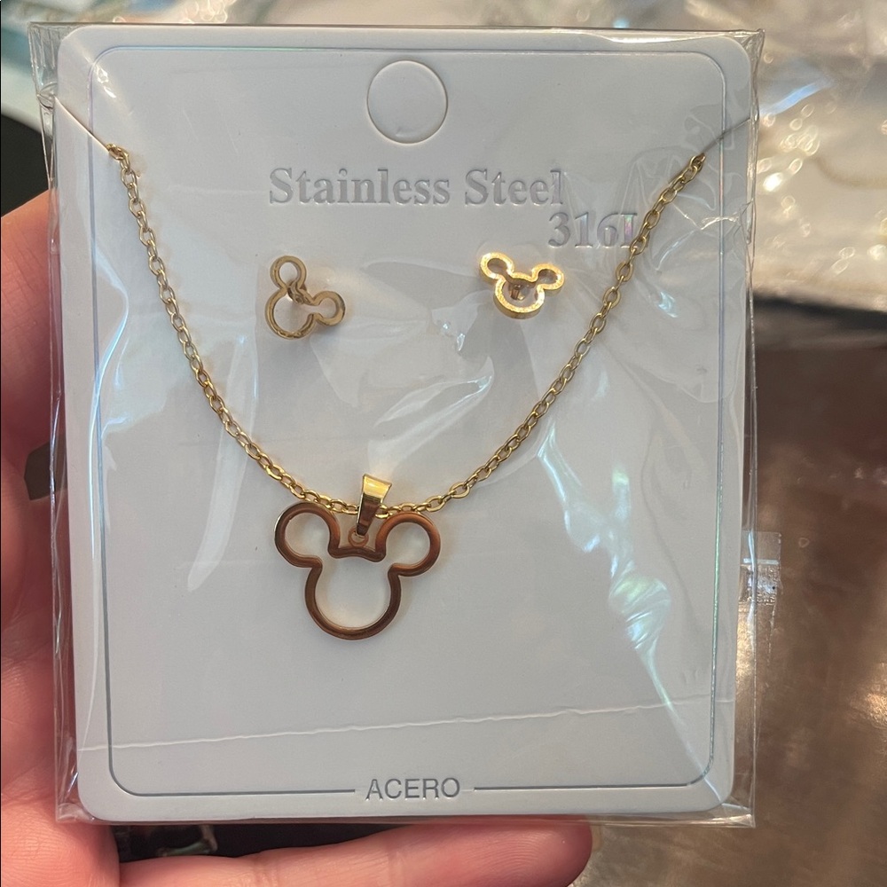 Gold toned Stainless Steel Mickey Mouse silhouette Necklace and Earrings Set nwt